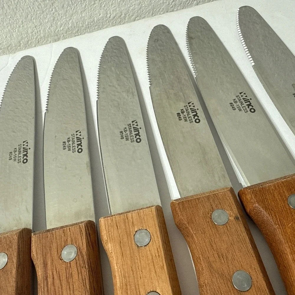 Winco KB-15W #249 Jumbo Steak Knife w/ 5in Heavy Duty Blade LOT Of 6 Wood Handle